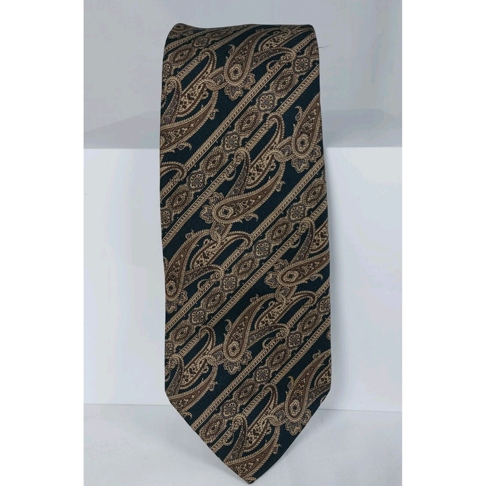 Vintage Oscar De La Renta Couture Necktie Green‎ Tan Paisley Silk Tie 3.5"x58"